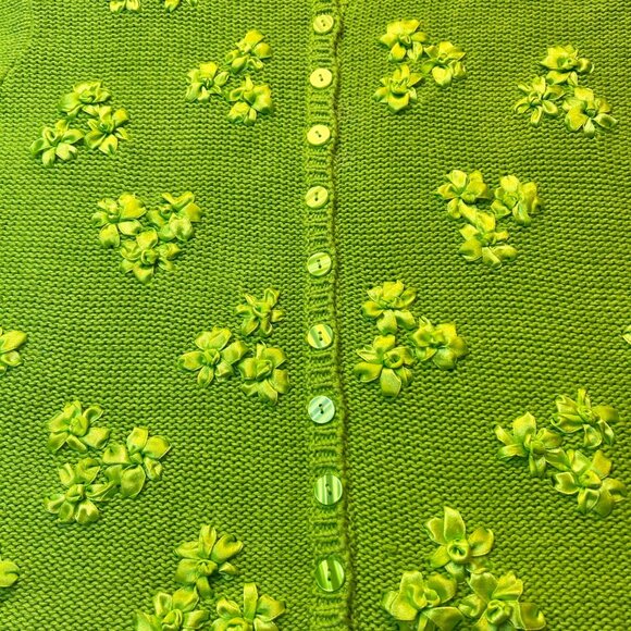 Victoria Jones Green Floral Embroidered Cardigan Sweater L Ramie Cotton Blend - Picture 2 of 8